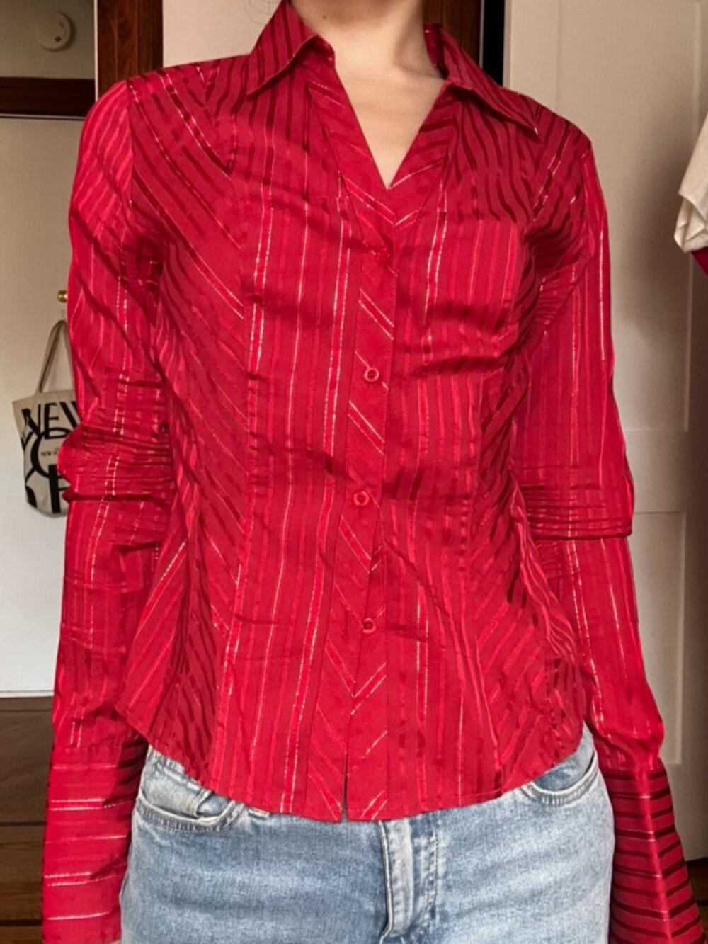 Red Striped Button Down Top